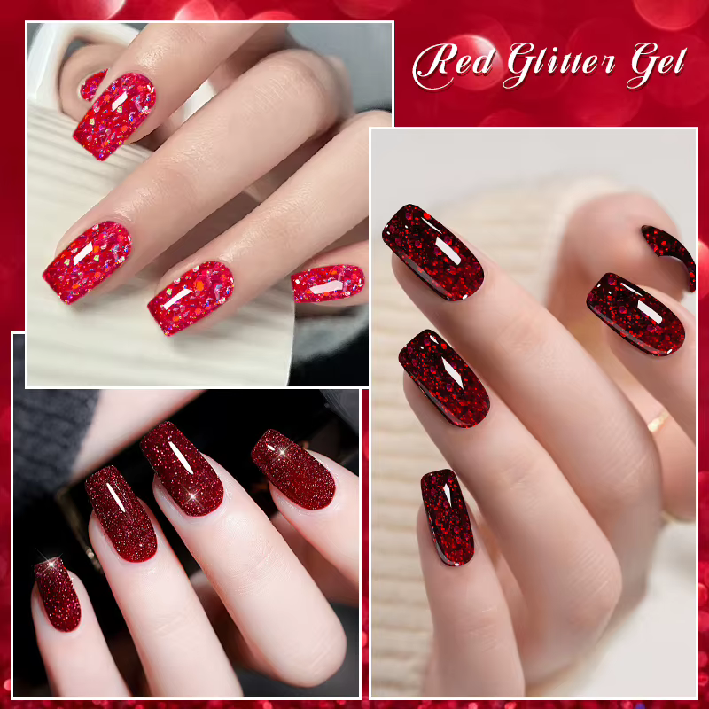 Vernis à ongles Gel rouge à paillettes scintillantes