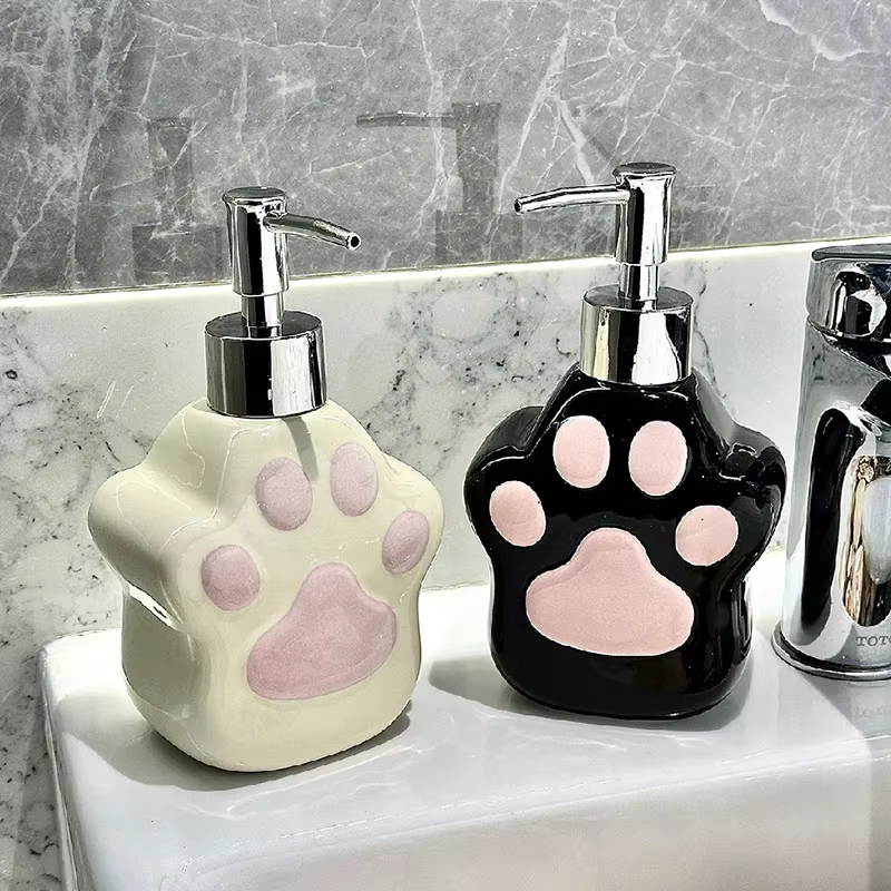 Bouteille en céramique avec motif de patte de chat mignon, accessoire de savon pour lavage des mains, gel douche, shampoing, presse, 80,bouteille