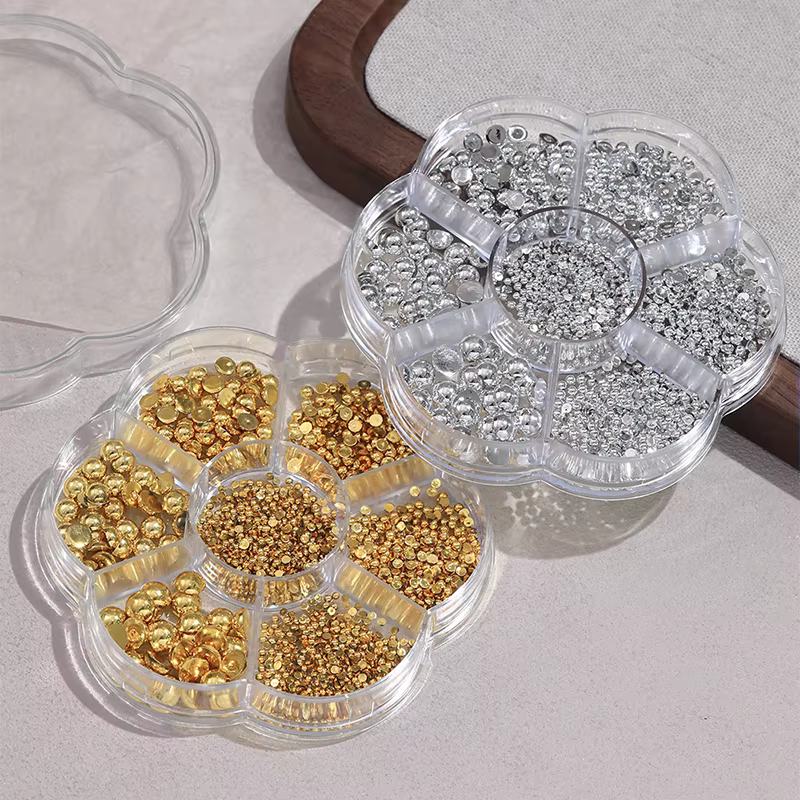 7 grilles argent or perle Nail Art décorations blanc demi-rond fond plat taille mixte