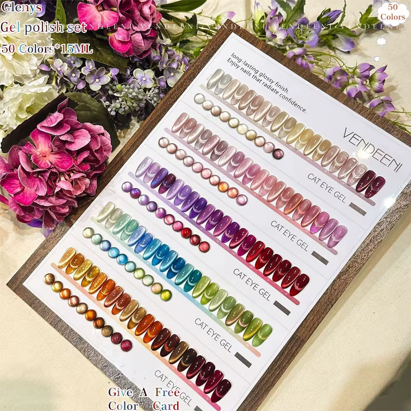 Gel UV/LED pour ongles effet œil de chat 50 couleurs Glenys – Kit professionnel pour salon de manucure