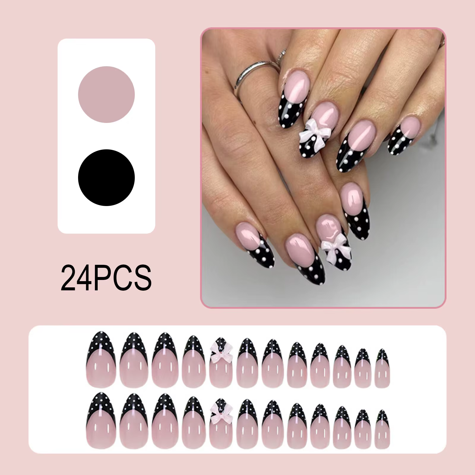 24 faux ongles noirs de style français en forme d'amande