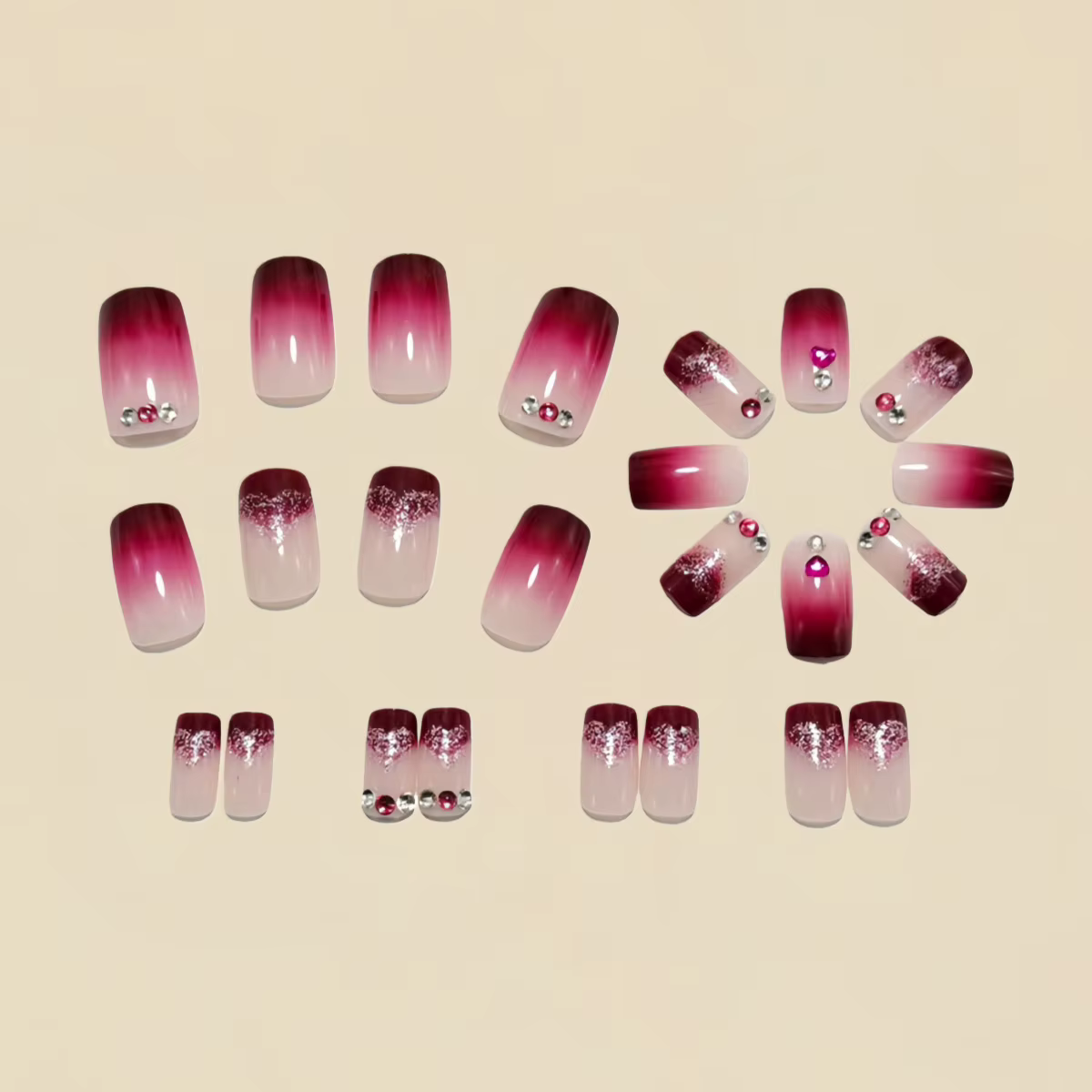 Faux ongles mi-longs avec motif de fleur en forme de cœur 3D
