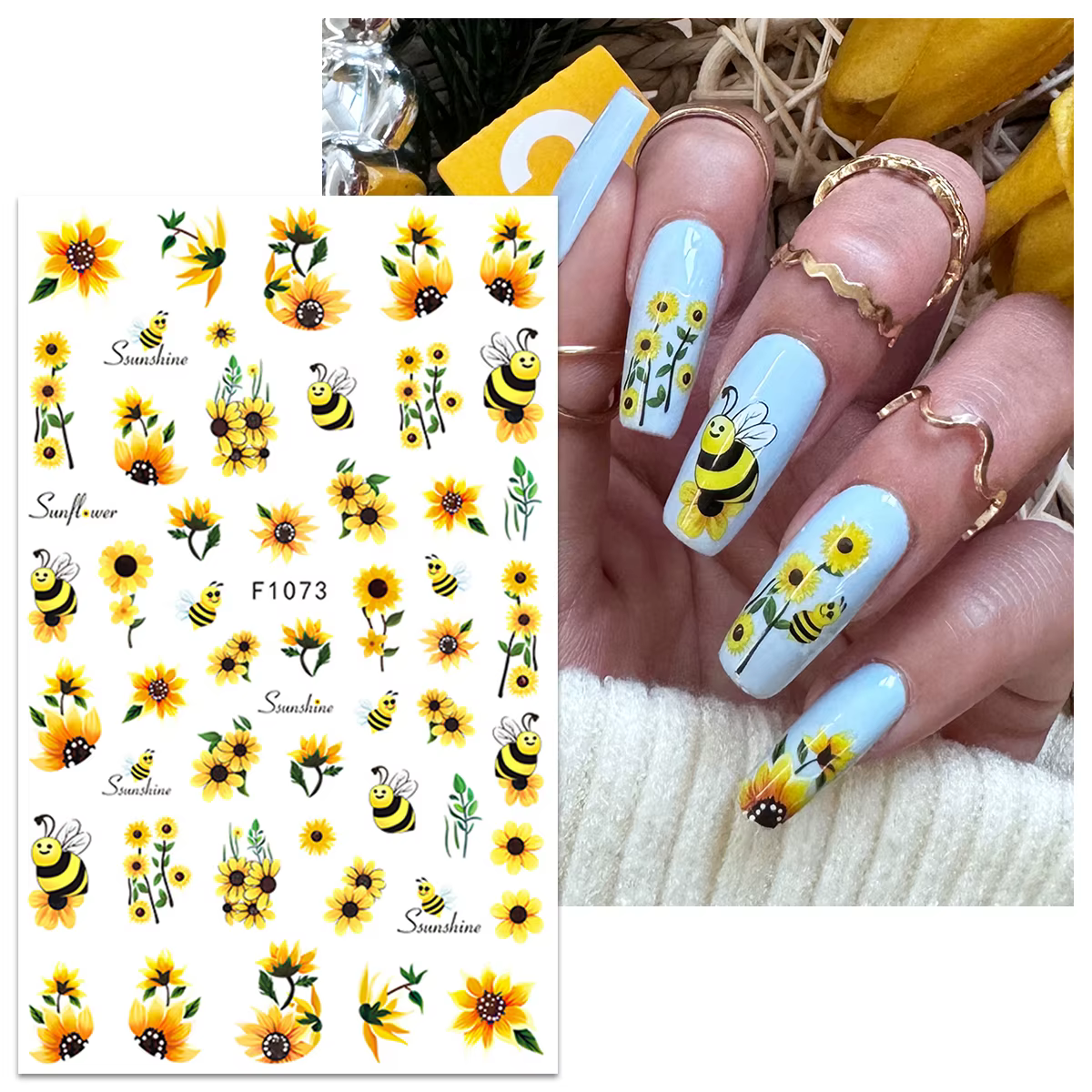 2 autocollants pour ongles abeille tournesol printemps et été