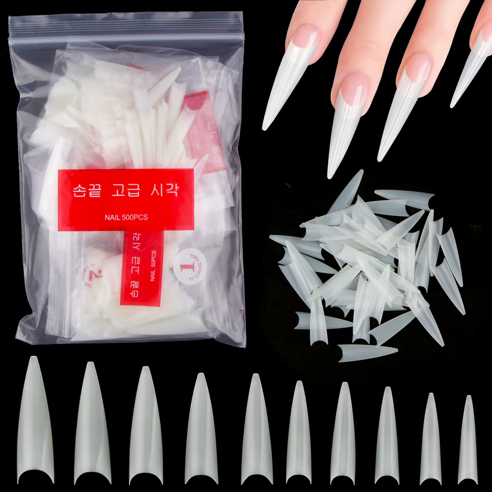 1 sac (600 pièces) pointes d'ongles de pratique Stiletto naturel 10 tailles demi-couverture faux pointe acrylique Extension de Gel UV presse sur les ongles outil de manucure