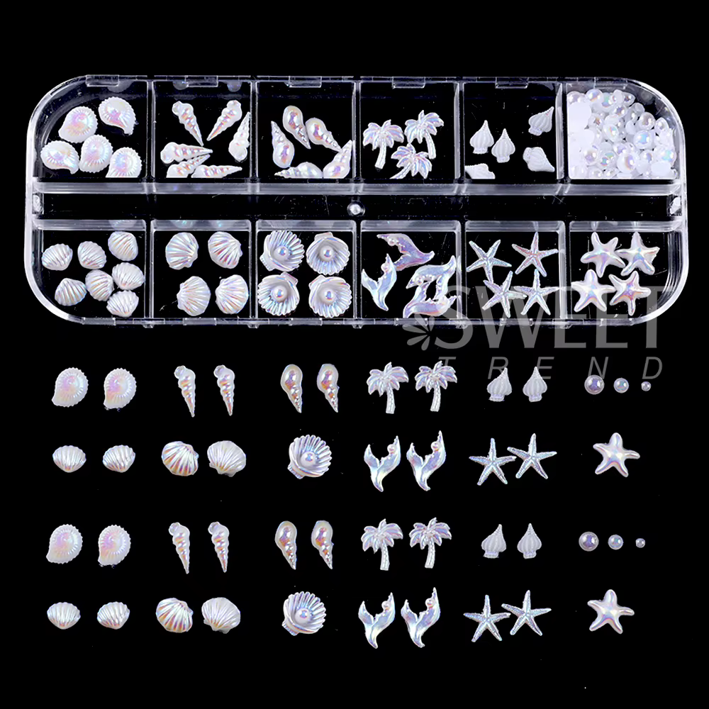 SWEET TREND - 12 compartiments de breloques 3D pour nail art sur le thème de l'océan : coquillages Aurora