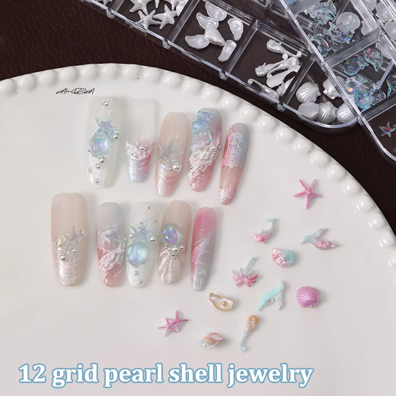 12 grilles/boîte 3D Nail Art breloques aurore coquilles étoile de mer queue de sirène accessoire pour rêveur océanique manucure Look