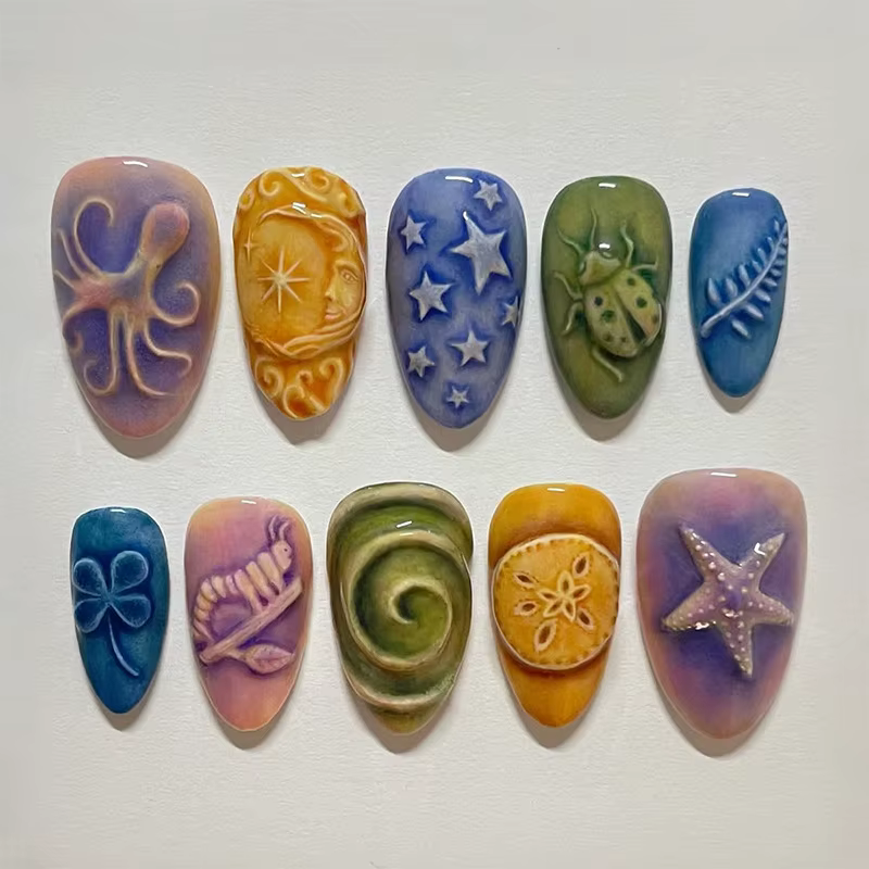24 pièces bleu océan dégradé faux ongles peint à la main Seastar coloré brillant amande presse