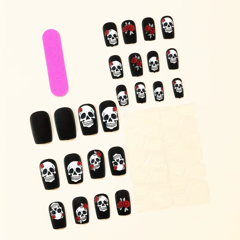 24 pièces ongles d'Halloween noir mat rose crâne imprimé conception couverture complète presse faux