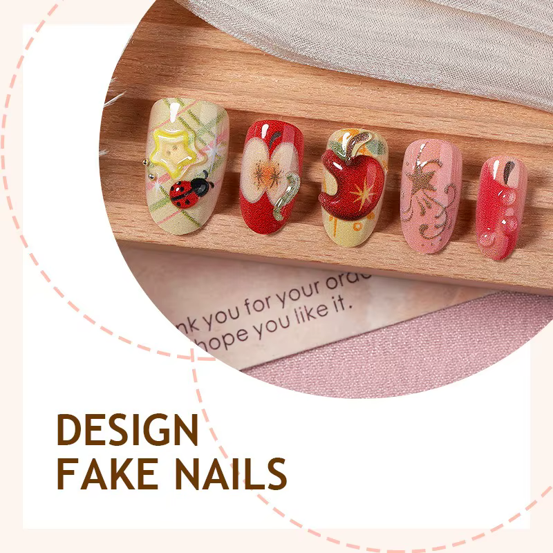 24 faux ongles courts ovales rouges et roses avec motifs 3D pomme