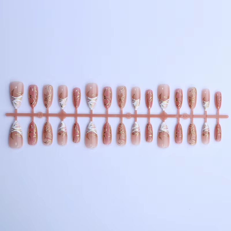 24 pièces de luxe fleur dorée lignes irrégulières amande faux ongles Simple blanc français presse