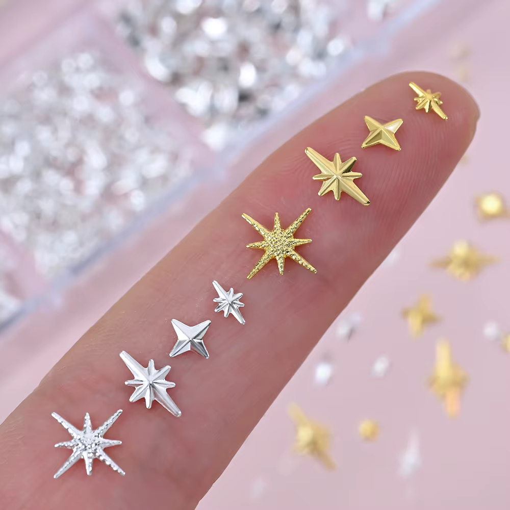 1000 pièces-12 grilles 3D or argent étoile/croix ongles Rivet goujons alliage métallique Starlight