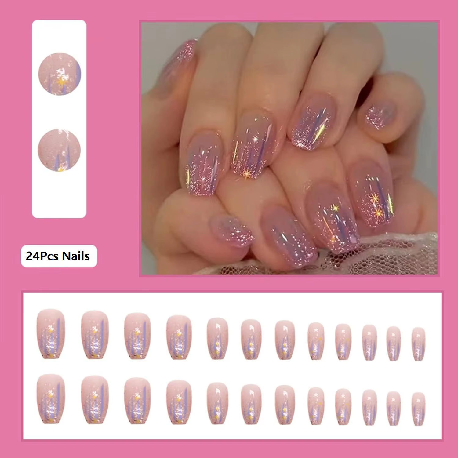 Ongles à pression rose violet brillant carrés courts brillants détachables en acrylique adaptés à l'art des ongles des femmes et des filles
