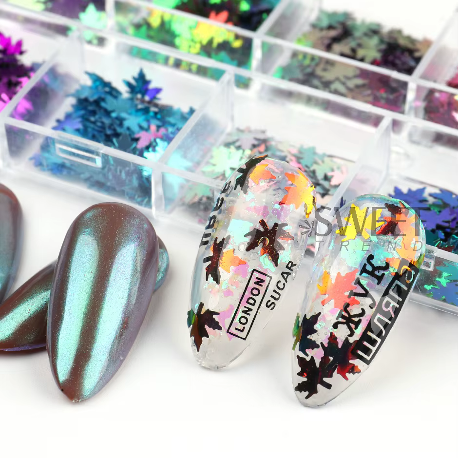 12 grilles miroir feuilles d'érable or Nail Art paillettes automne feuille Design bricolage charme bijoux