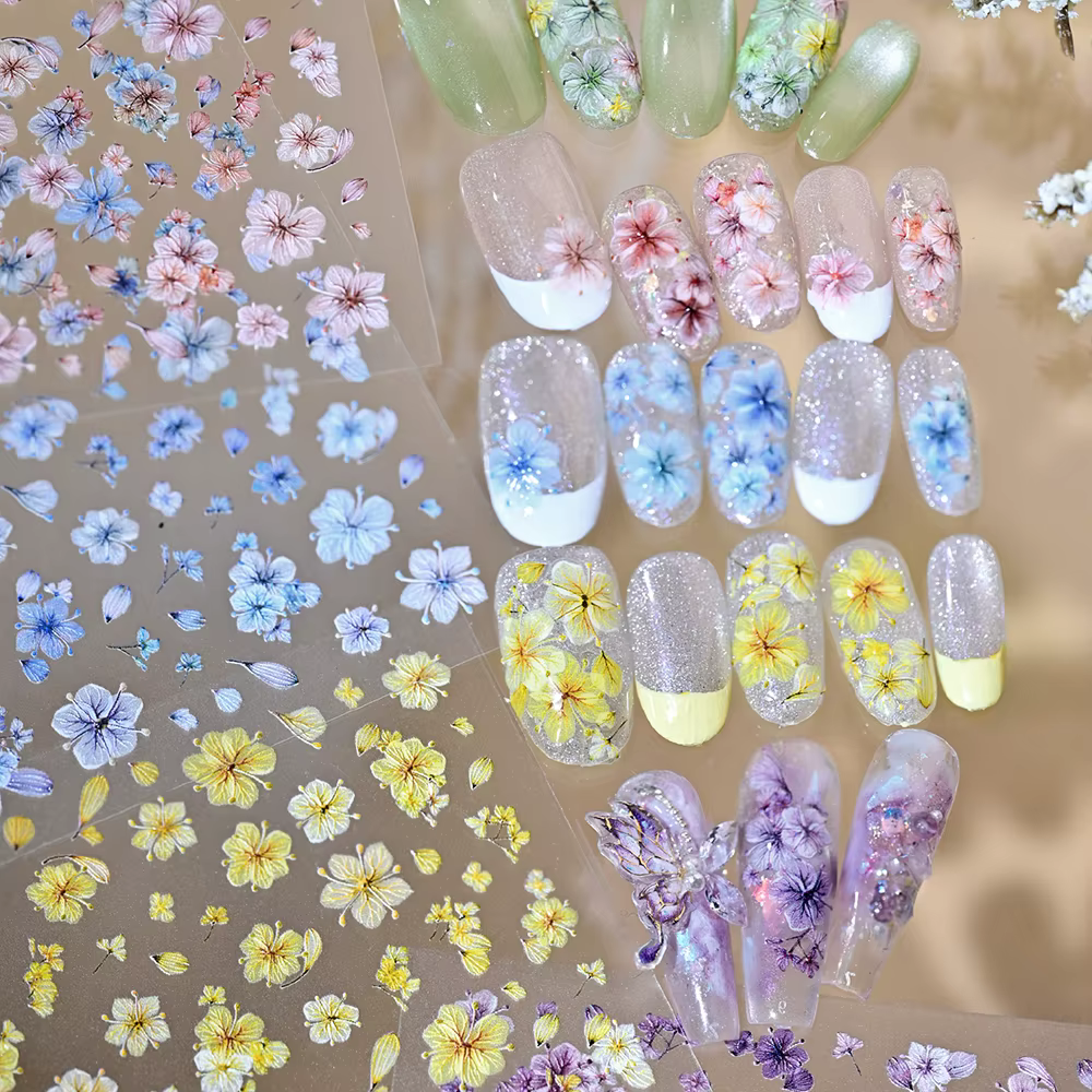 Autocollants 5D pour ongles à fleurs séchées colorées Rose/Bleu/Violet/Vert/Jaune – Décorations florales mignonnes pour manucure printanière