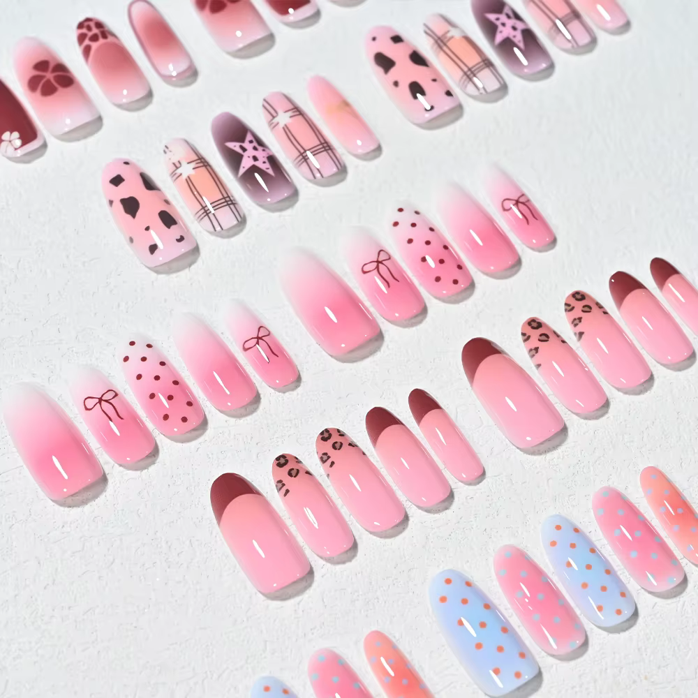120/150 pièces Faux ongles français ovales moyens dégradés rose bleu