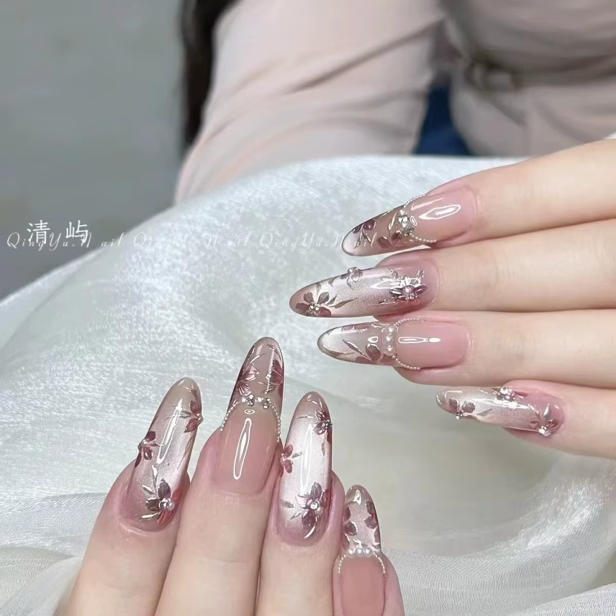 10 pièces longues fleurs ovales ongles faits à la main perles françaises presse