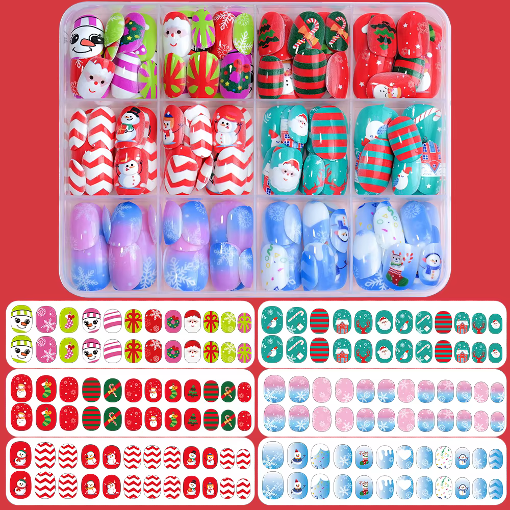 144 pièces/boîte noël enfants faux ongles beau bonhomme de neige flocons