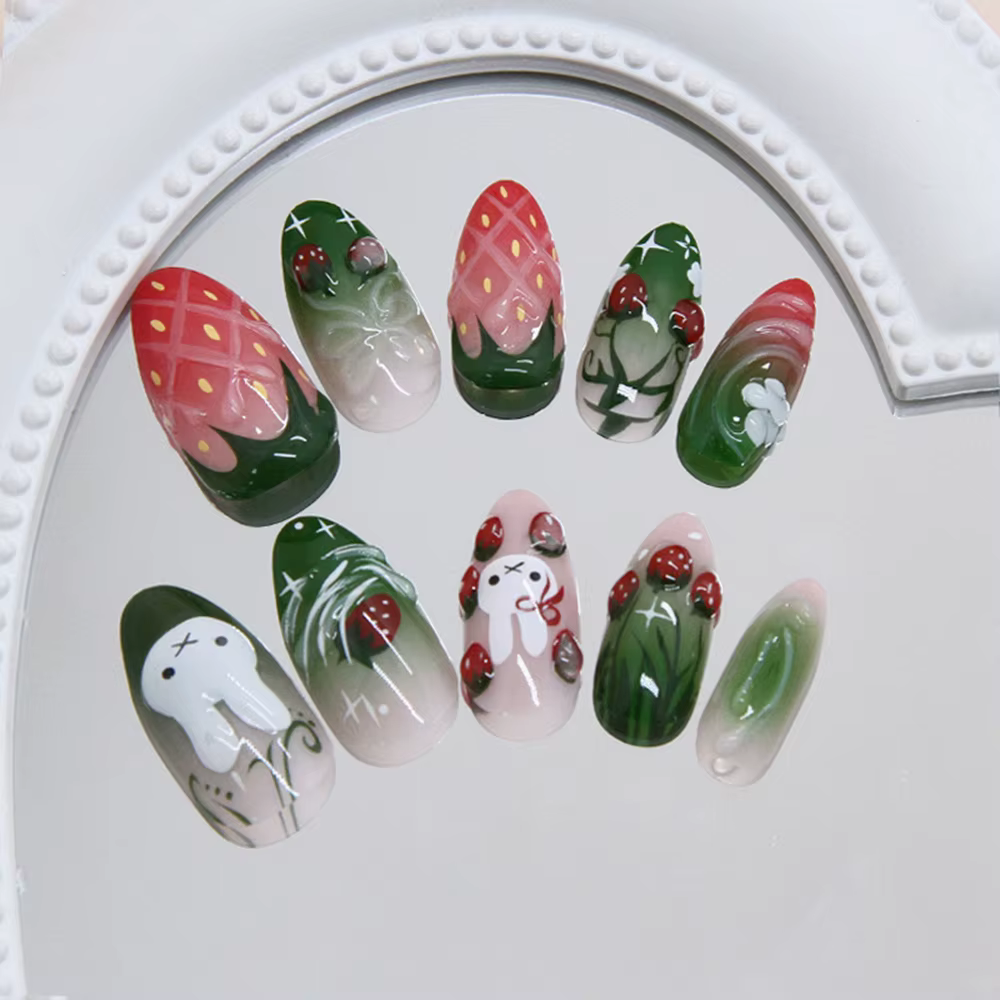Y2K 24 pièces/paquet Faux ongles à presser motif fraise
