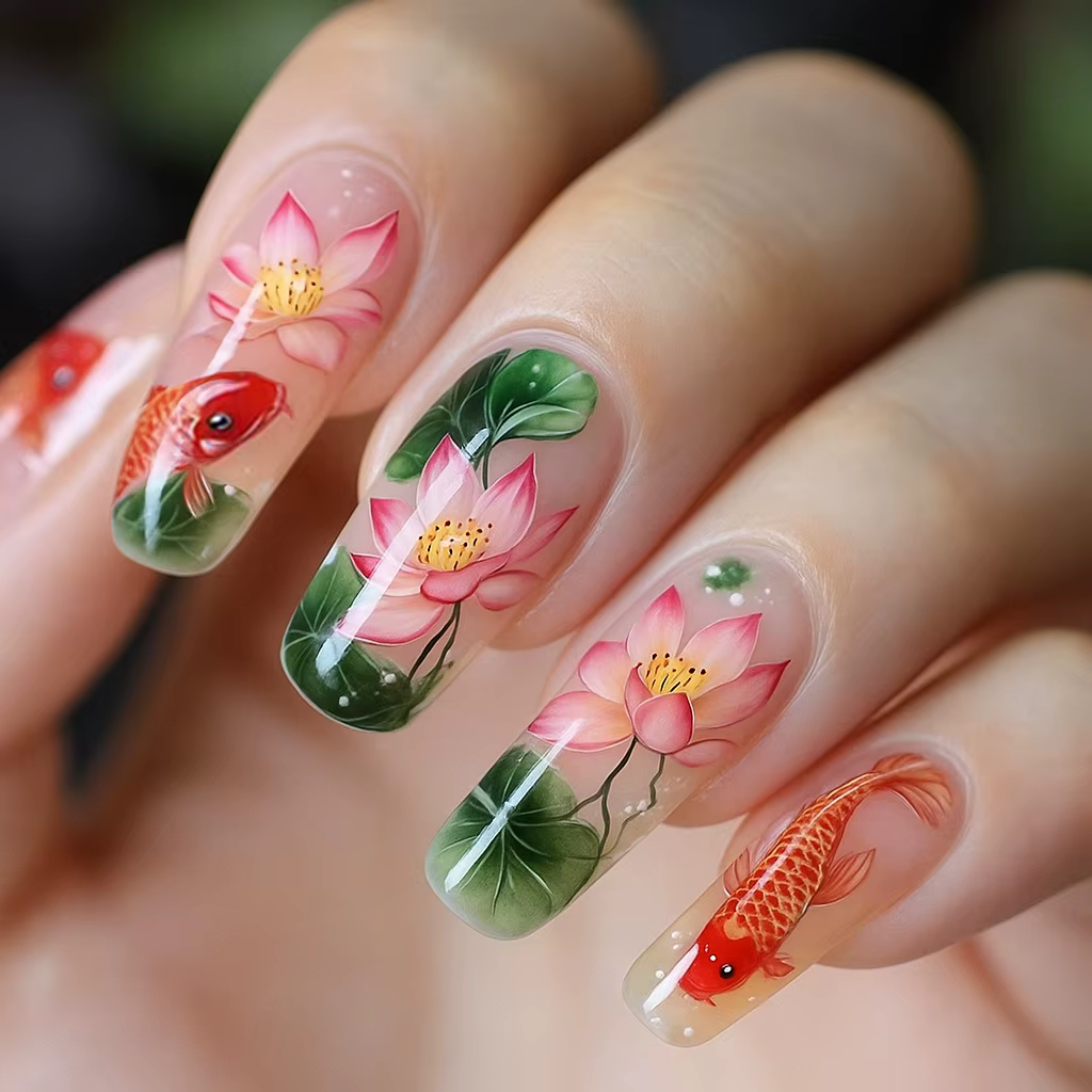 24 pièces/ensemble faux ongles mi-longs fleurs de poisson de cygne pour la saison d'été dégradé amande pointes de