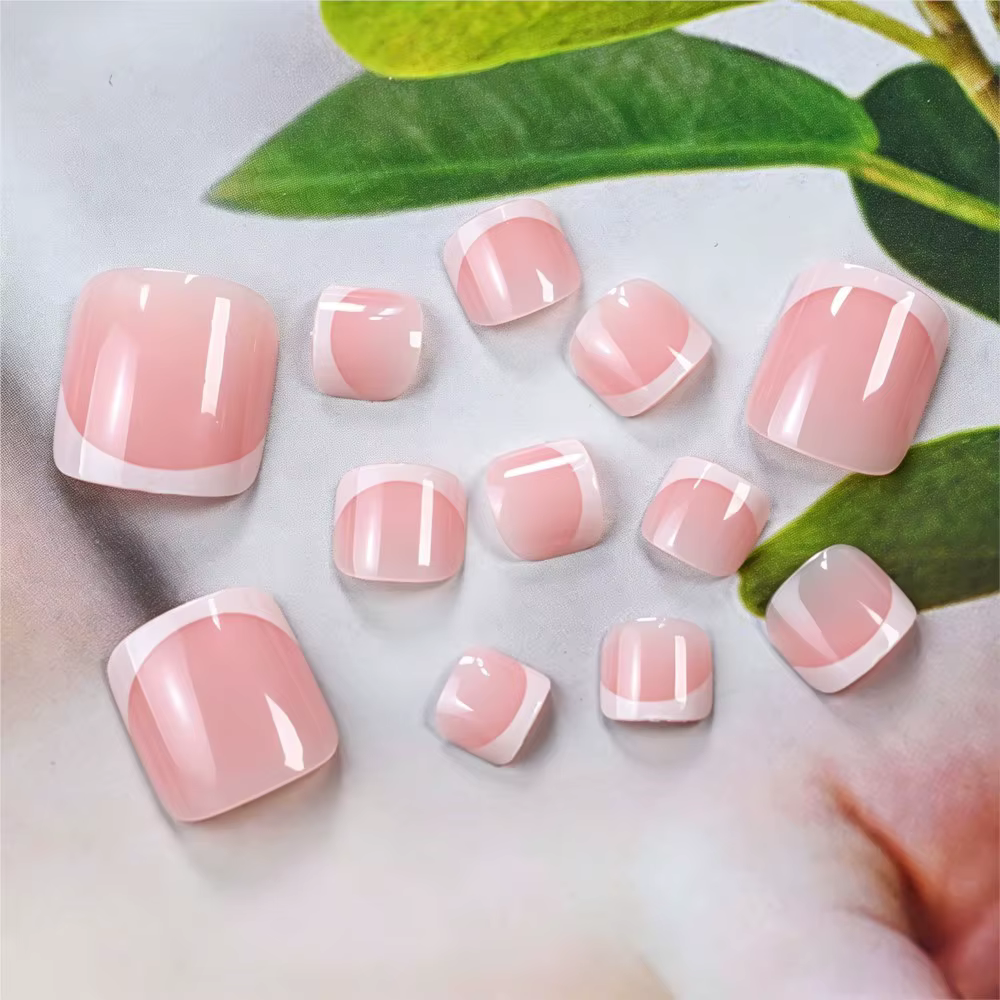 24 pièces/boîte Faux ongles de pieds roses brillants à presser, courts carrés, à couverture complète, style French blanc, portables F$5%R
