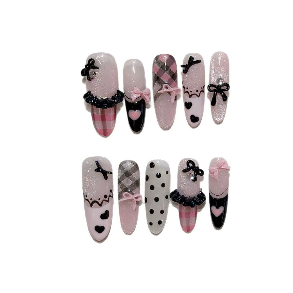Noir rose doux français amande presse à la main sur les ongles grille à pois amour jupe Ballet faux