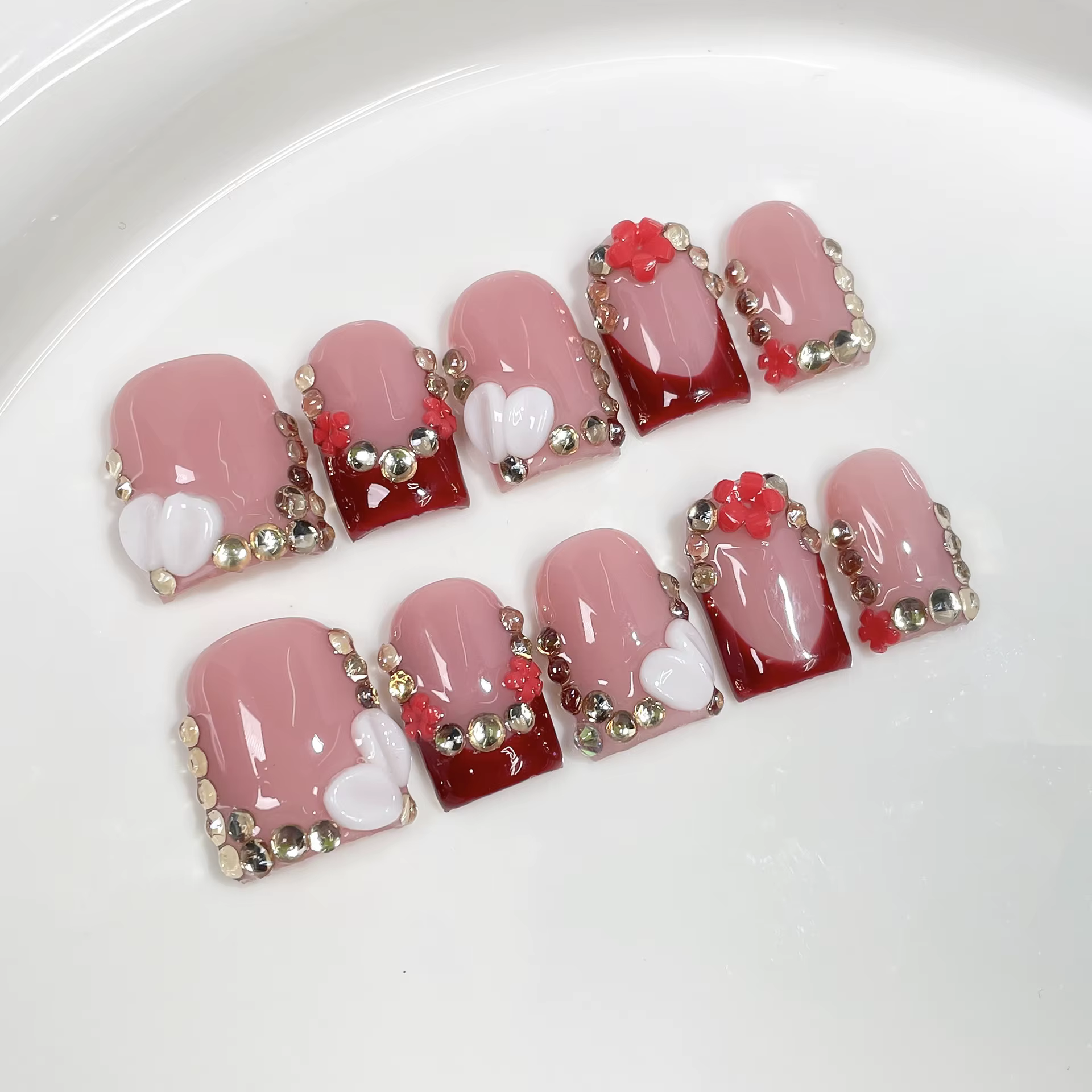 10 pièces cercueil court fait à la main presse sur les ongles avec sculpture 3d fleur conception faux