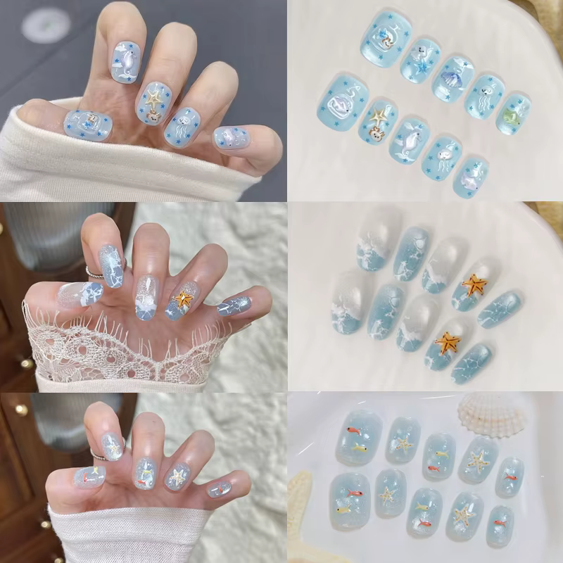 10 pièces 【Ocean Love】 Faux ongles à presser effet œil de chat