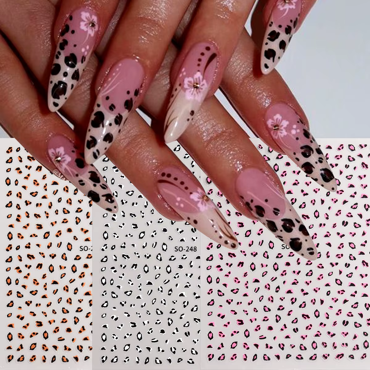 Autocollant pour Nail Art imprimé léopard marron noir rose