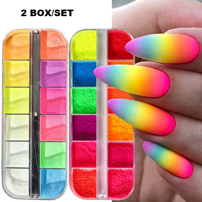 2 boîtes de pigments pour ongles arc-en-ciel néon