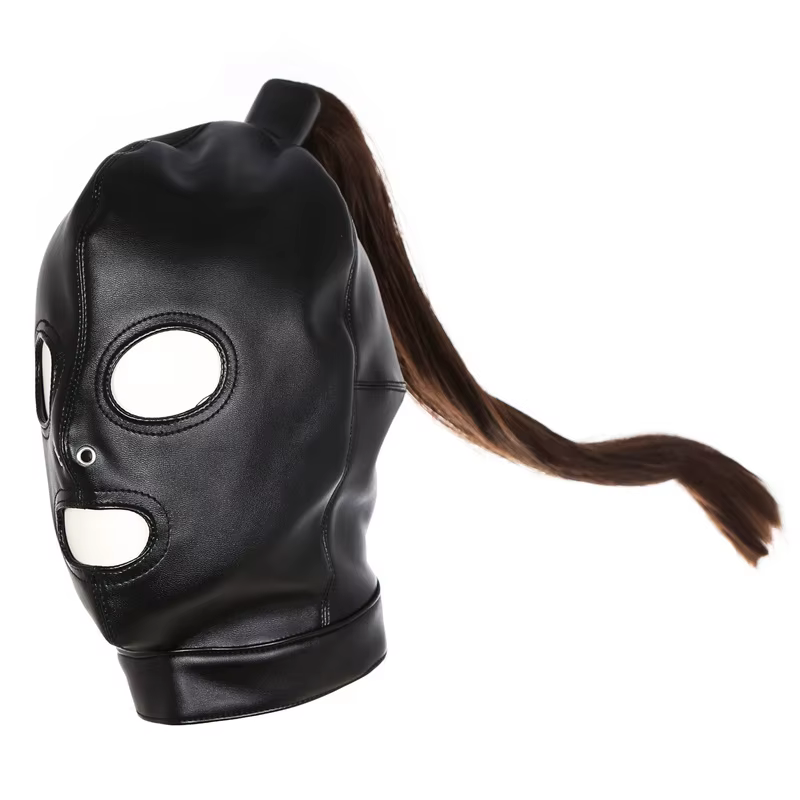 Masque fétiche en cuir unisexe avec cheveux, accessoires de jeu Steampunk, queue de cheval sexy, festival Rave, ceinture de poitrine, bondage, équipement de sauna