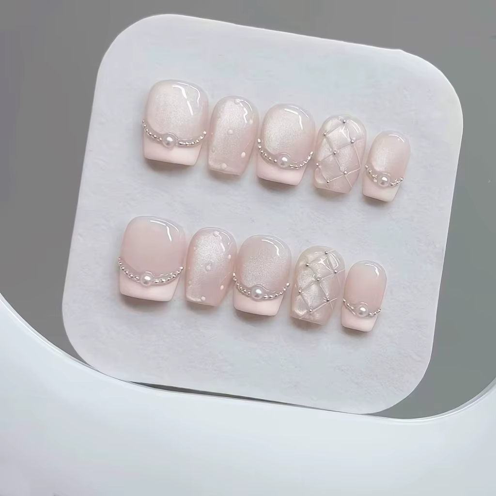10 pièces presse à la main sur les ongles Plaid perle oeil de chat français Aurora queue de poisson couverture complète