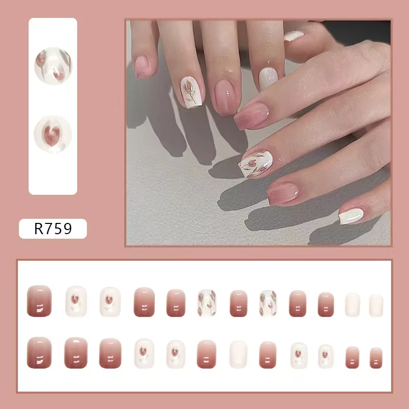 Fleur de tulipe 24 pièces presse sur ongles rose dégradé faux