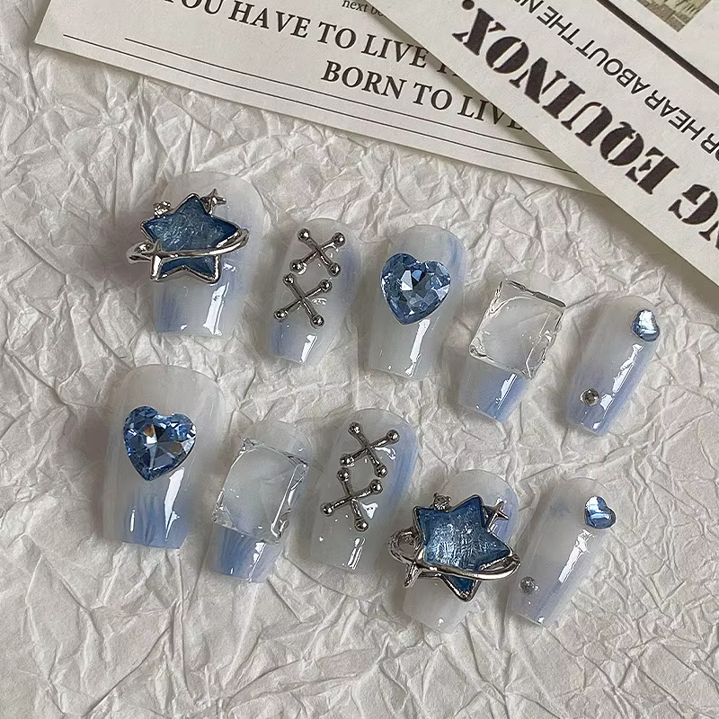10 pièces Dreamy Blue Light Press - sur les ongles avec étoile
