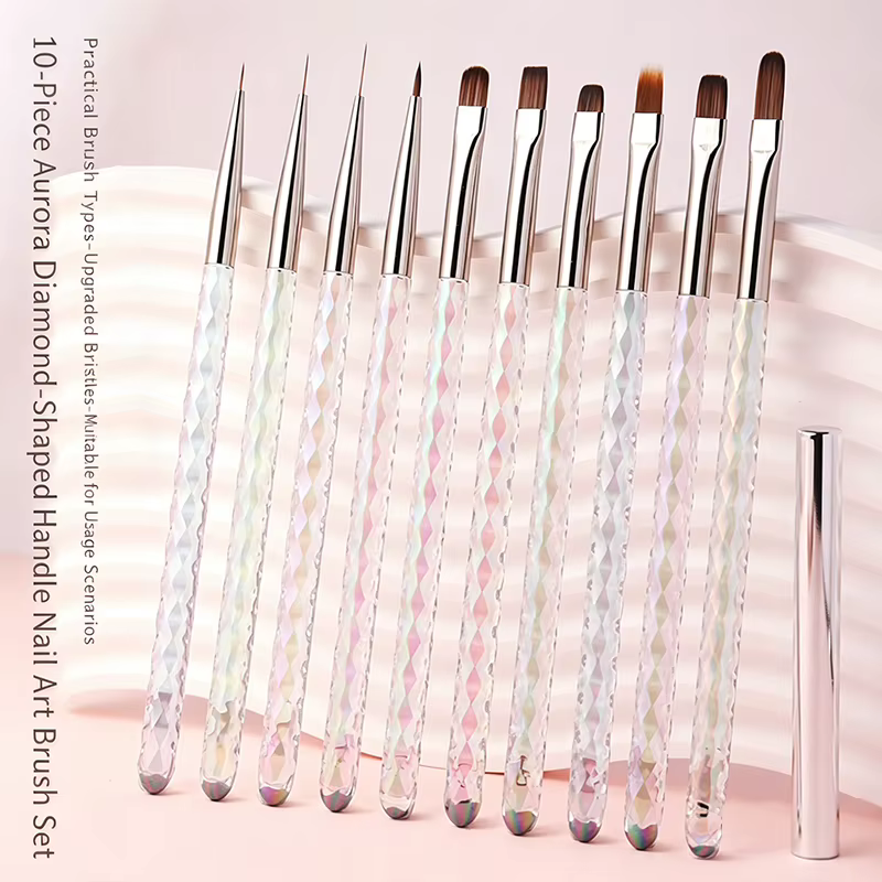 Lot de 10 pinceaux à ongles en acrylique transparent Aurora Rhombus