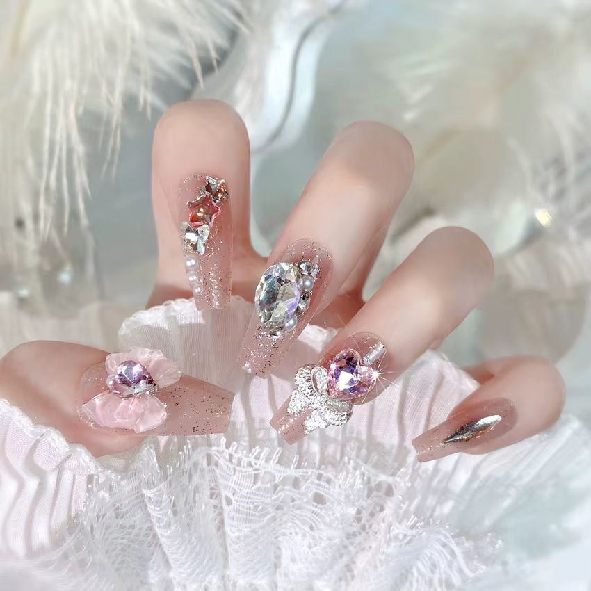 Blush rose faux ongles nœud papillon diamant perle conception 3D presse sur les pointes d'ongles avec bord lisse