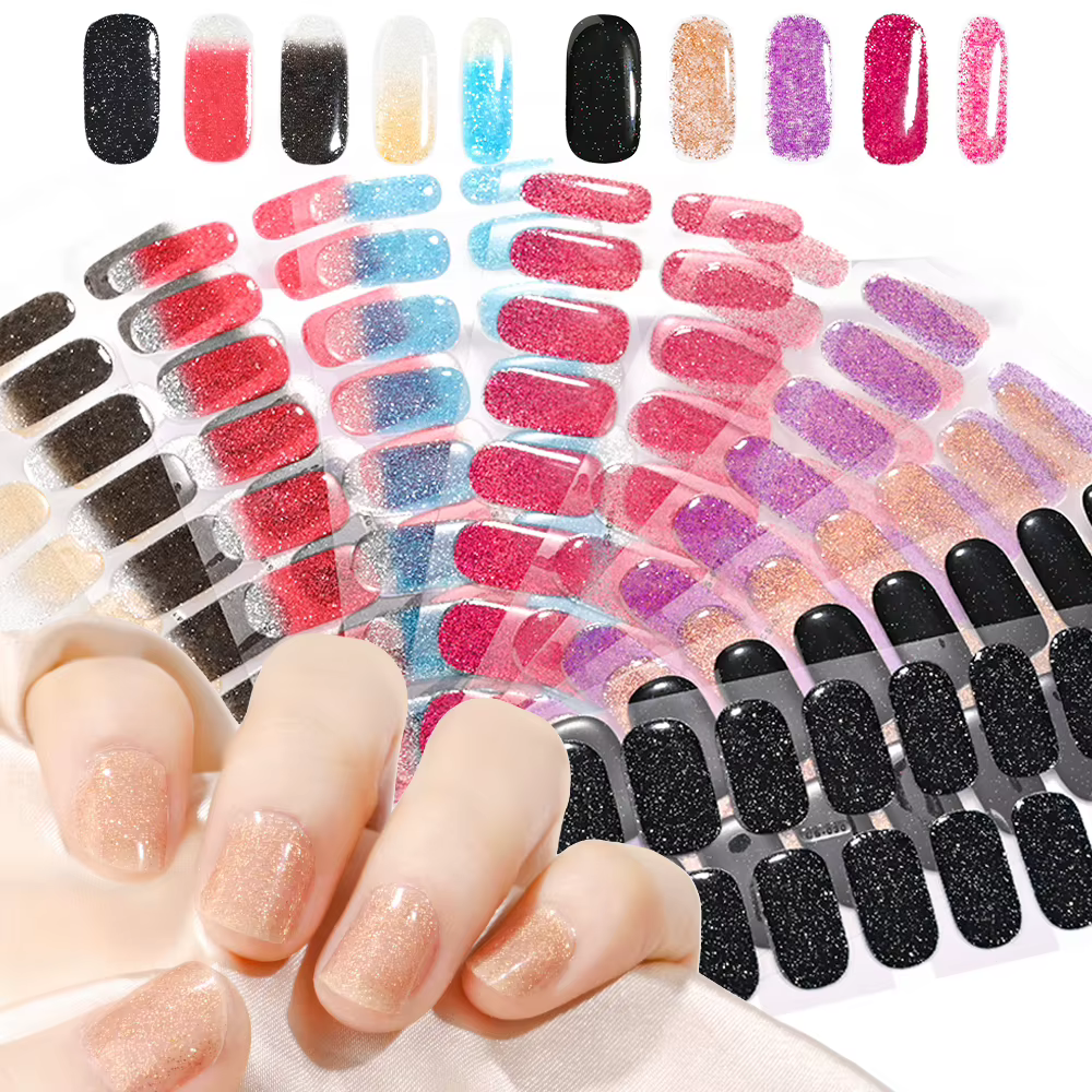 16 conseils UV Gel semi-durci ongles autocollant français couverture complète lumineux blanc paillettes Gel