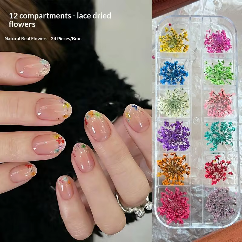 Ensemble de breloques pour ongles en fleurs séchées colorées pour manucure