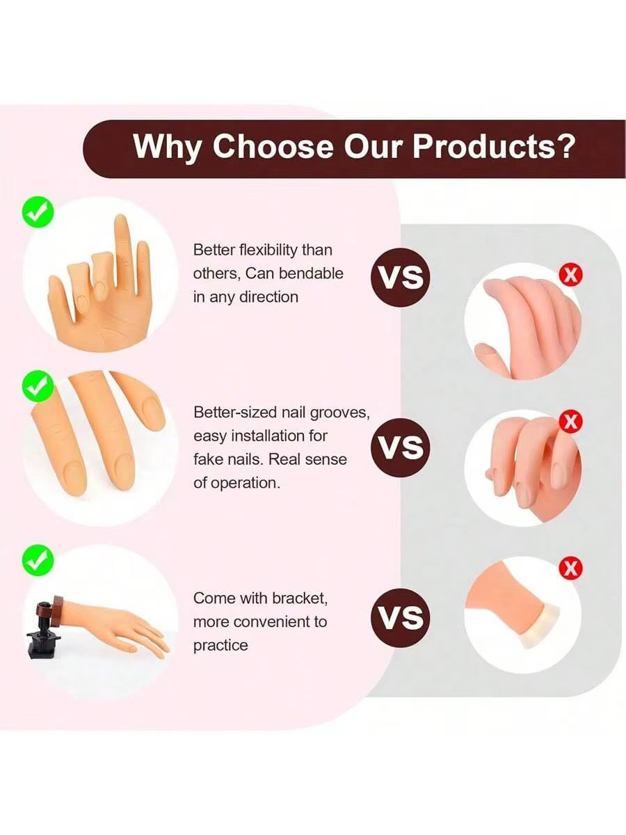 Les débutants en nail art utilisent des modèles de mains artificielles avec des plaques à ongles insérables