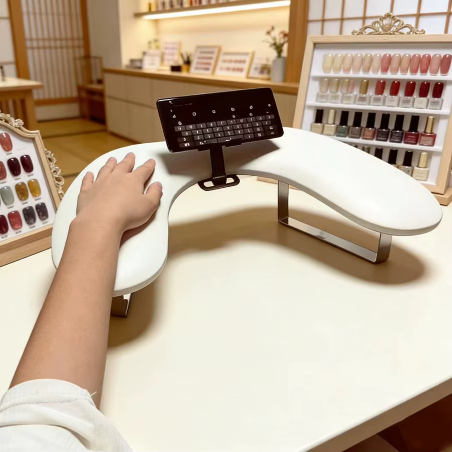 Coussin de manucure professionnel avec support pour téléphone - Cuir PU blanc