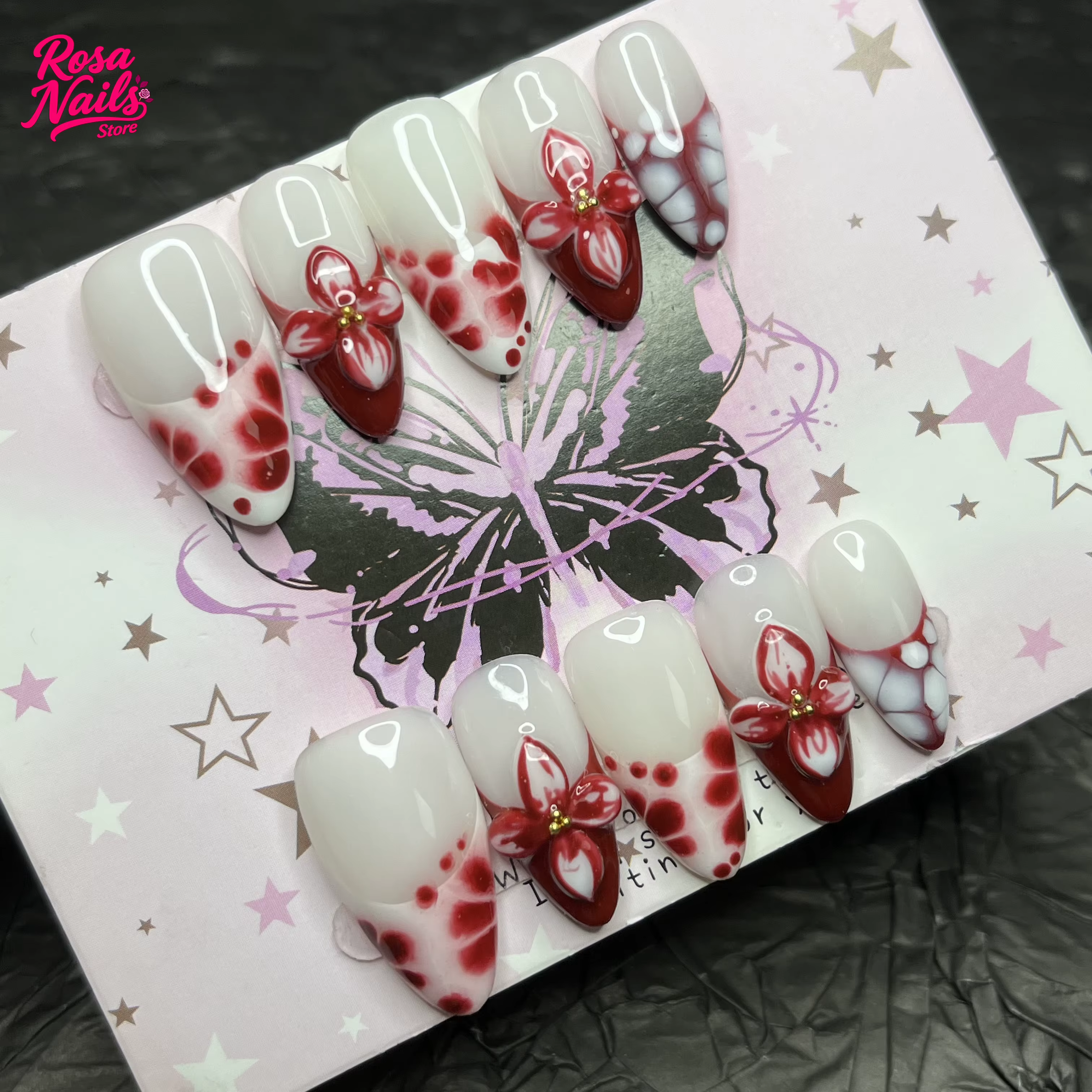 10 pièces presse à la main sur les ongles rouge 3D fleur amande