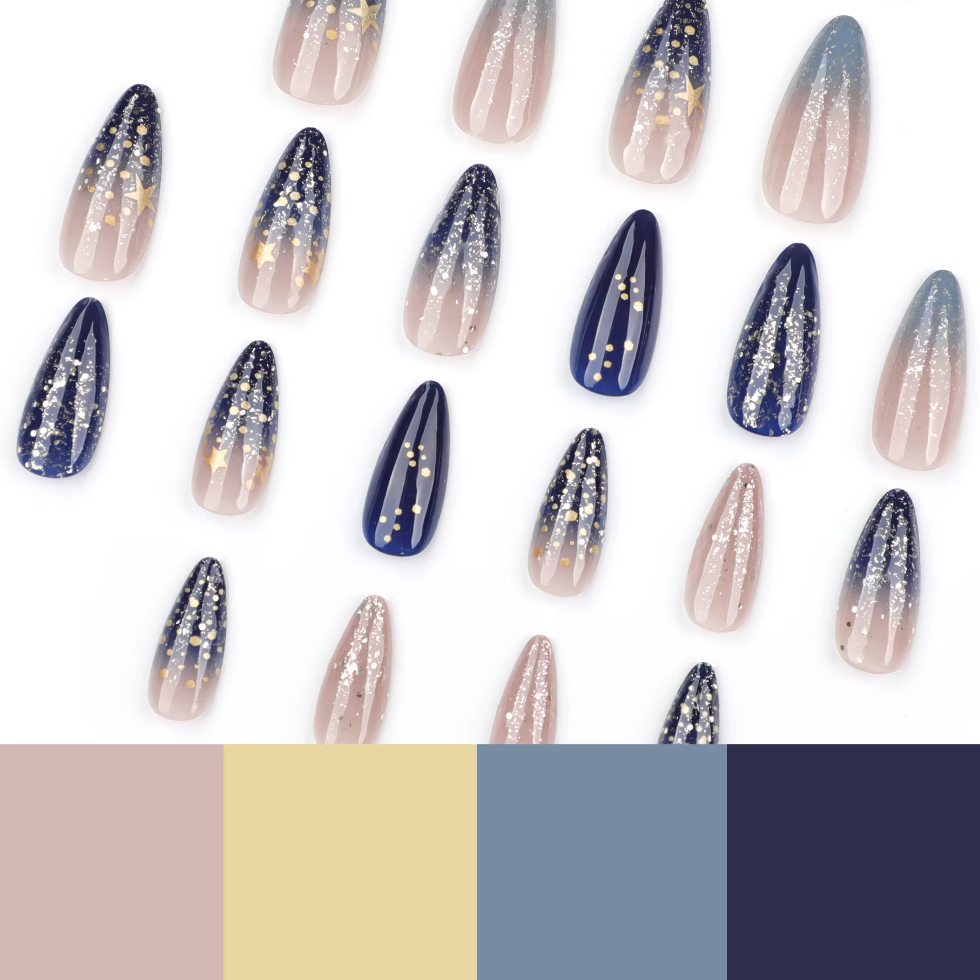 24 pièces brillant bleu foncé ciel étoilé presse sur ongles Flash or