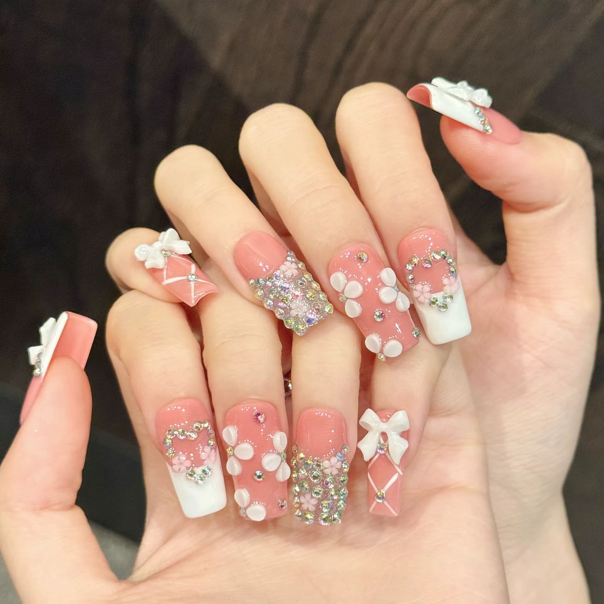 10 faux ongles carrés longs faits à la main