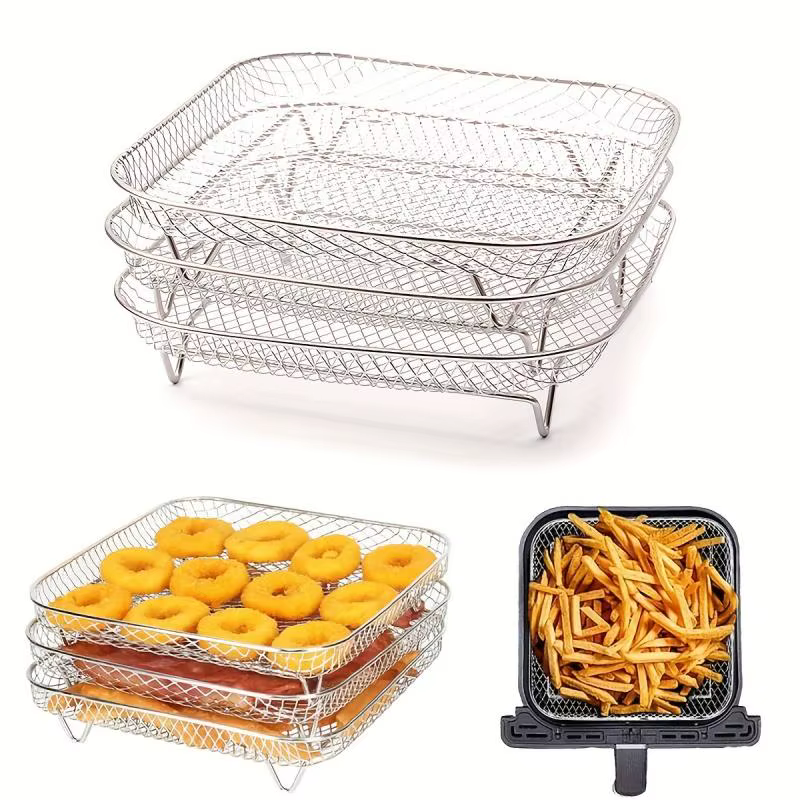 Ensemble d'accessoires pour friteuse à air en acier inoxydable 3 pièces - Grille carrée pour frites et grillades pour la cuisine et la salle à manger, grille pour friteuse à air