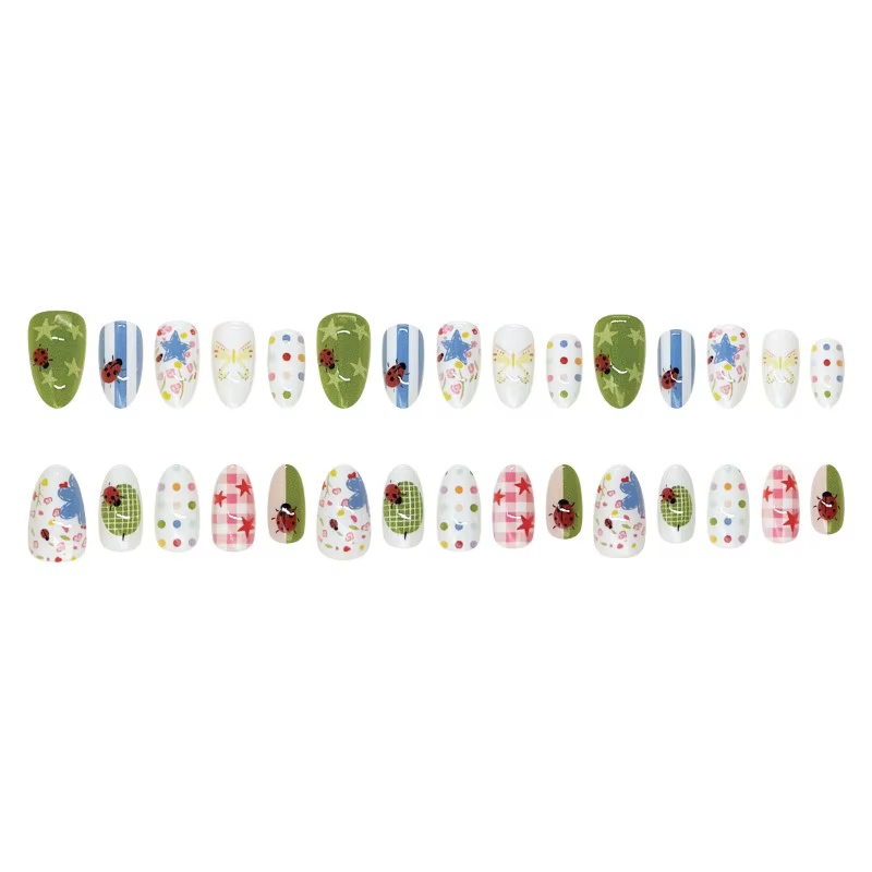 24 faux ongles courts en amande à motifs floraux doux, pois colorés, étoiles et rayures, style français, prêts à poser