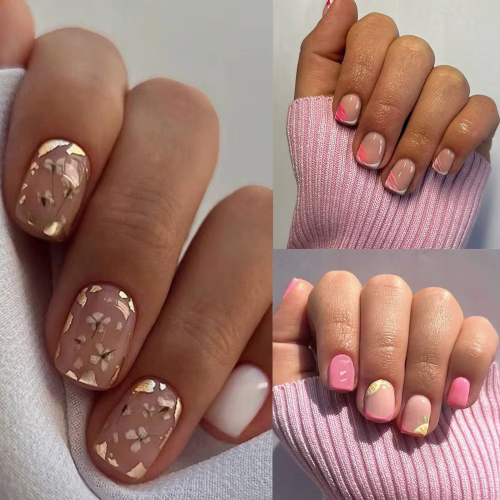 Mode court rond faux ongles été doux pamplemousse français zèbre