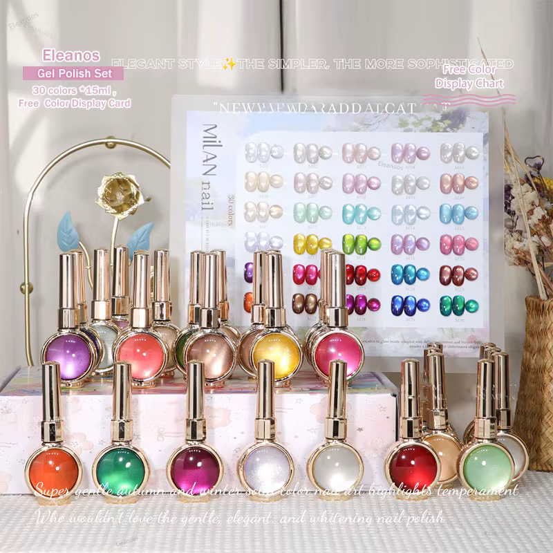 Eleanos HighEnd – Kit de vernis gel magnétique œil de chat 30 pièces 15 ml avec nuancier et différents flacons décorés