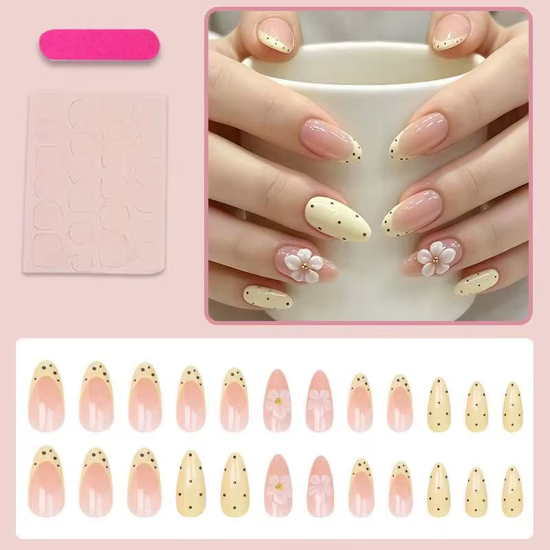24 faux ongles ovales français à pois couleur crème