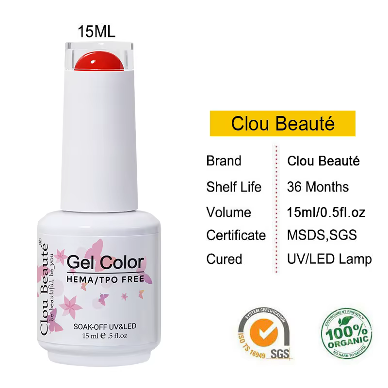 Clou Beaute Gel Color Hema TPO Free 15ml Vernis à ongles gel UV Soak Off pour Nail Art et Manucure