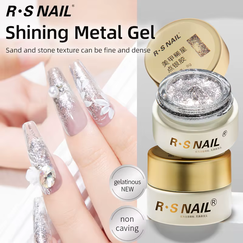 RS NAIL 8g Gel de peinture scintillant sans lingette Gel platine paillettes métallique doré argenté revêtement Gel