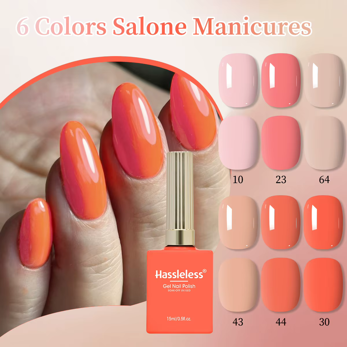 Le kit de gel pour ongles Hassleless de 6 flacons présente des couleurs hautement saturées. Chaque flacon contient 15